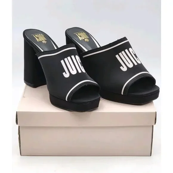 Juicy Couture Juicy Girly Womens Size 8.5 M Heeled Sandals Black White Logo - Picture 1 of 16